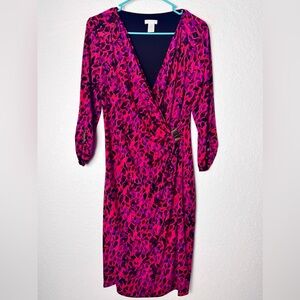 Vintage Cache Animal Print Dress Size Large Red Purple Pink Faux Wrap Gold